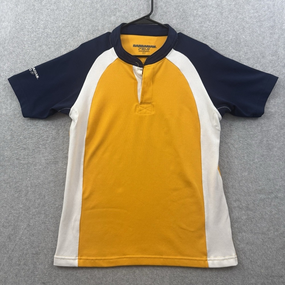 Barbarian Rugby Shirt Mens Large Yellow Blue Pro-fit Color Block Rubber‎ Buttons